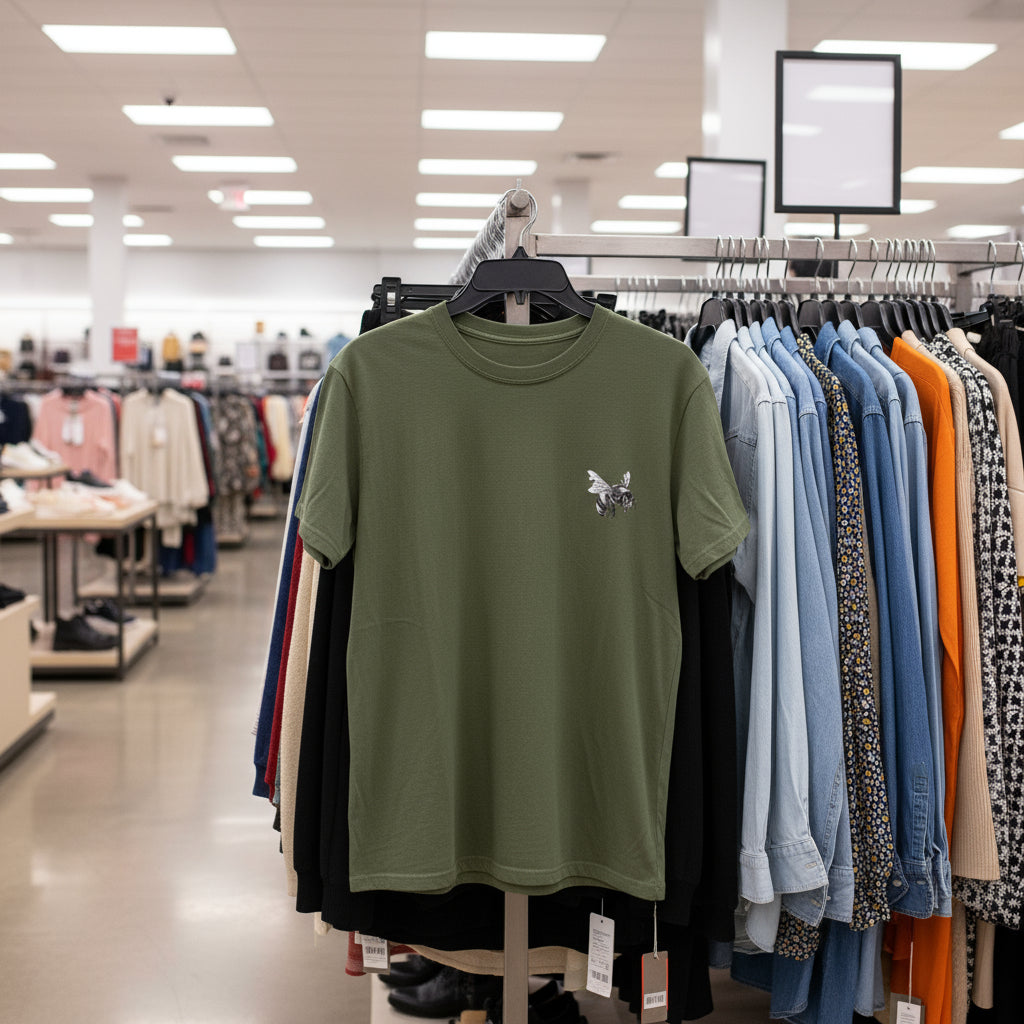 Green t-shirt with a small graphic on a white background