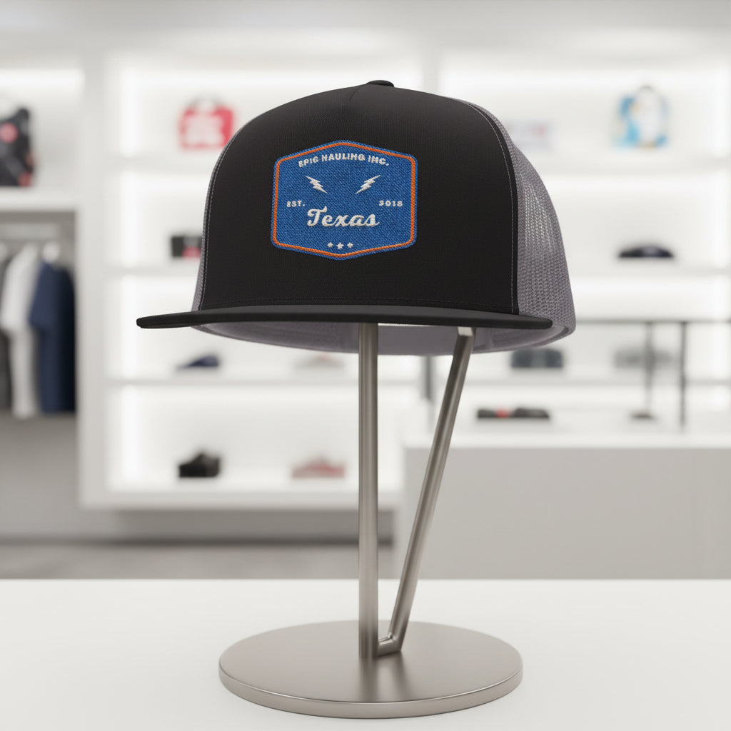 Black cap with a blue patch on a stand in a store setting