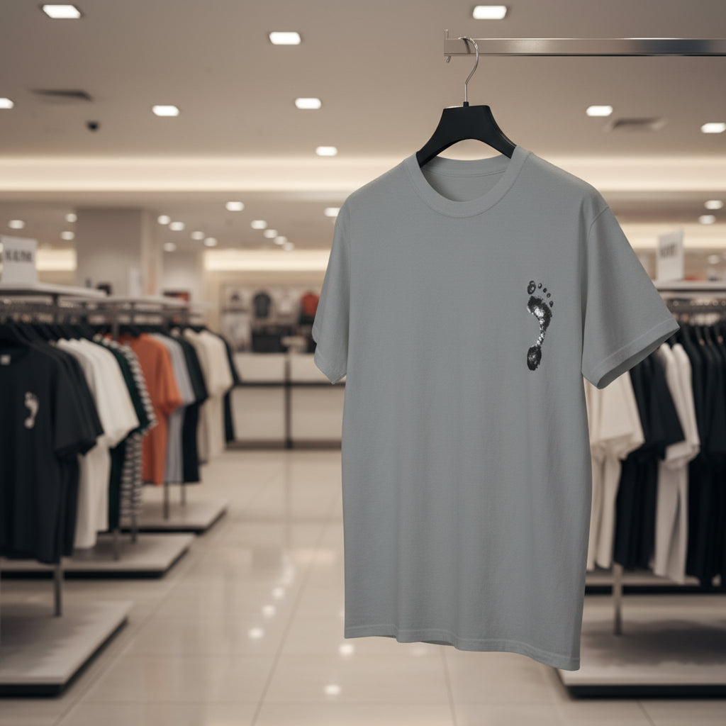Gray t-shirt with a graphic design on a hanger in a clothing store.