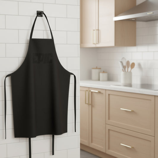 Black apron hanging on a hook in a kitchen setting