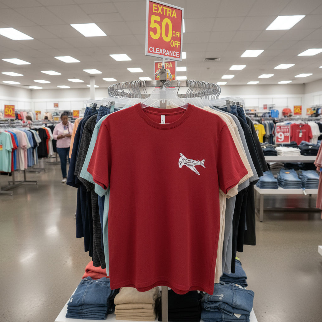 Red t-shirt with a graphic design on display in a store with clearance signs.