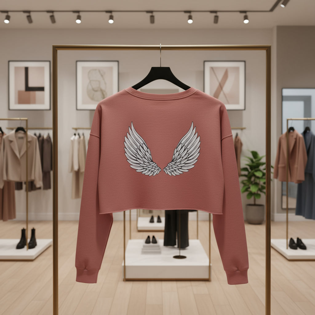 Pink sweatshirt with wing design on a hanger in a clothing store.