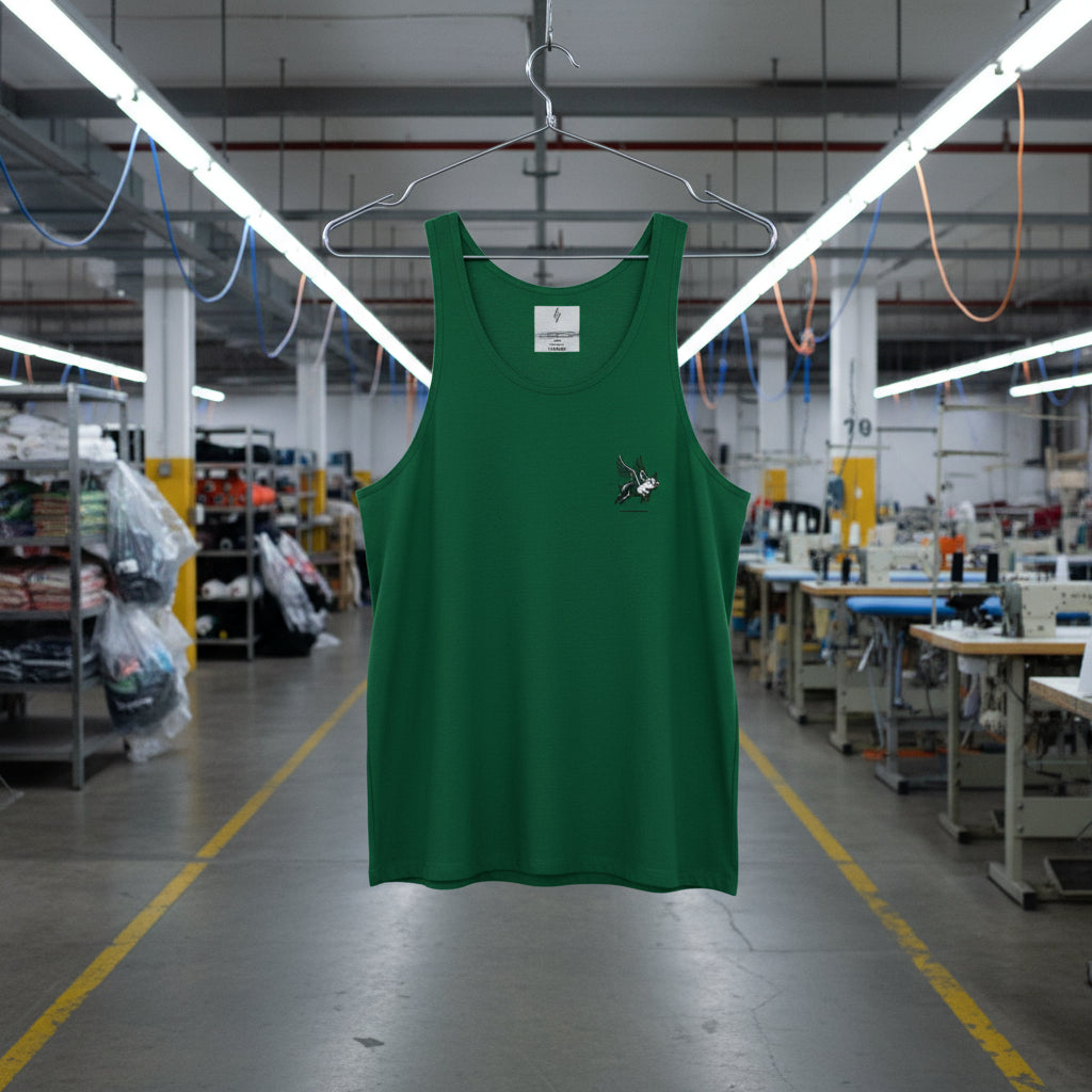 Green tank top with a small design on a hanger in an industrial setting