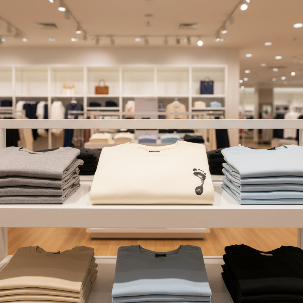 Stacks of folded shirts on a clothing rack in a store
