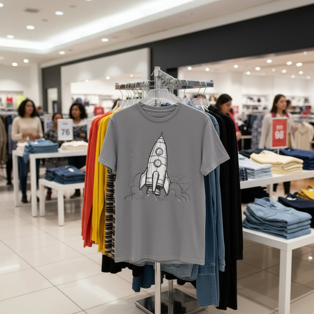 Gray t-shirt with a rocket graphic on the back against a white background