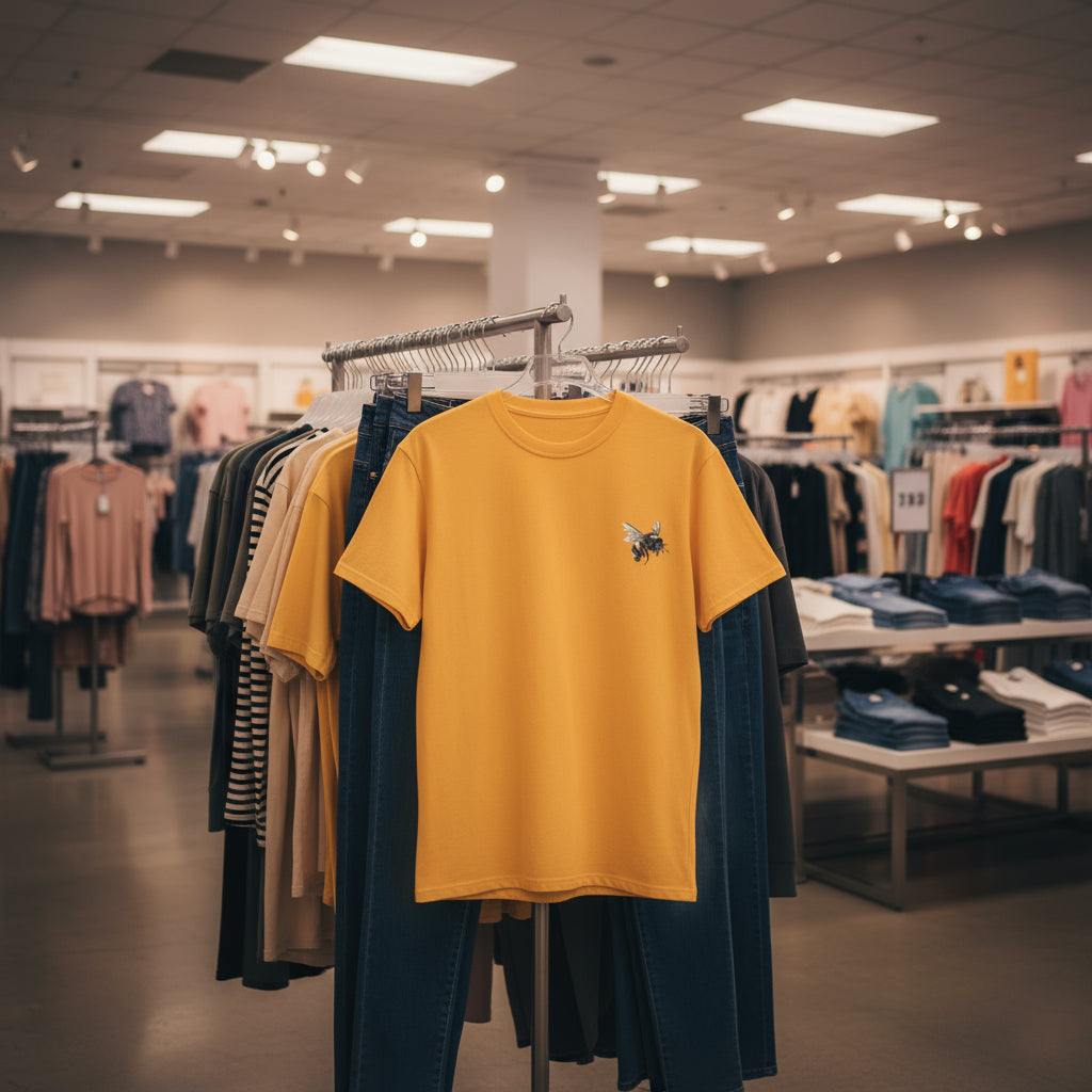 Yellow t-shirt with a small design on a clothing rack in a store.