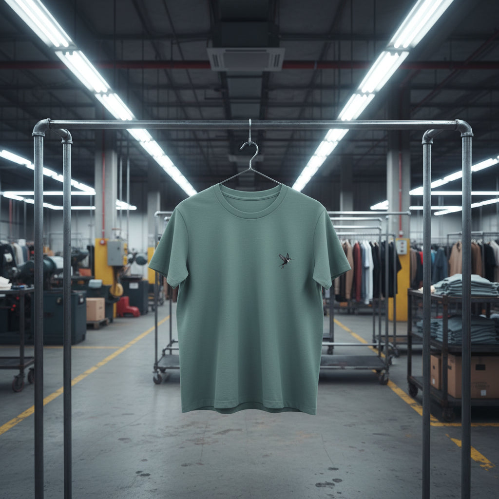 Green t-shirt on a hanger in a warehouse setting
