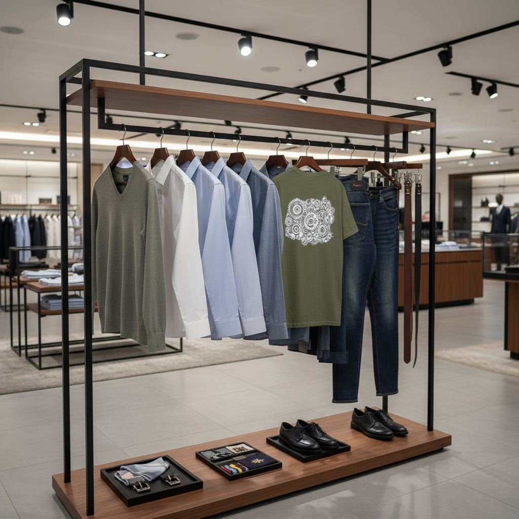 Clothing display in a store with shirts, jeans, and shoes on hangers and a wooden platform.