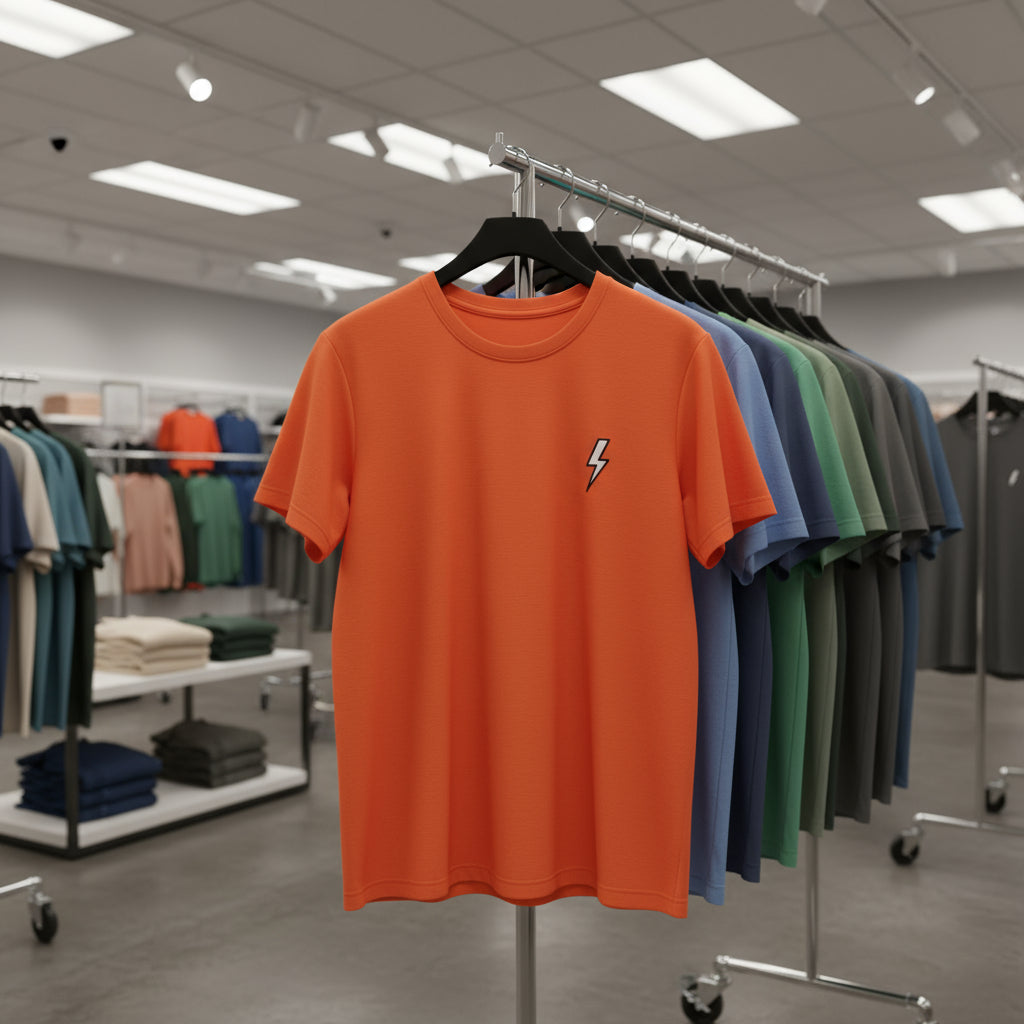 Orange t-shirt with a lightning bolt design on a hanger in a clothing store.
