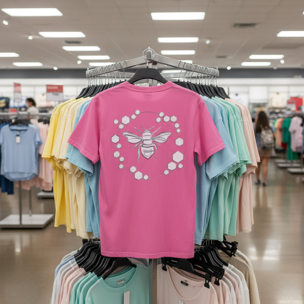 Pink t-shirt with a bee design on a clothing rack in a store.