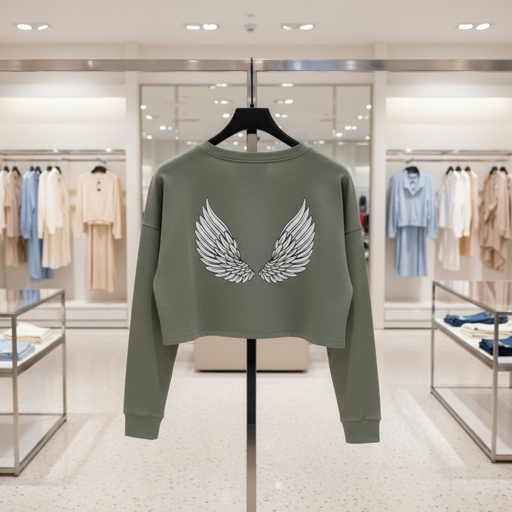 Green sweatshirt with wing design on a hanger in a store setting