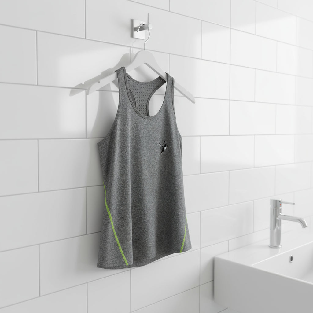 Gray tank top with green accents hanging on a white tiled wall.