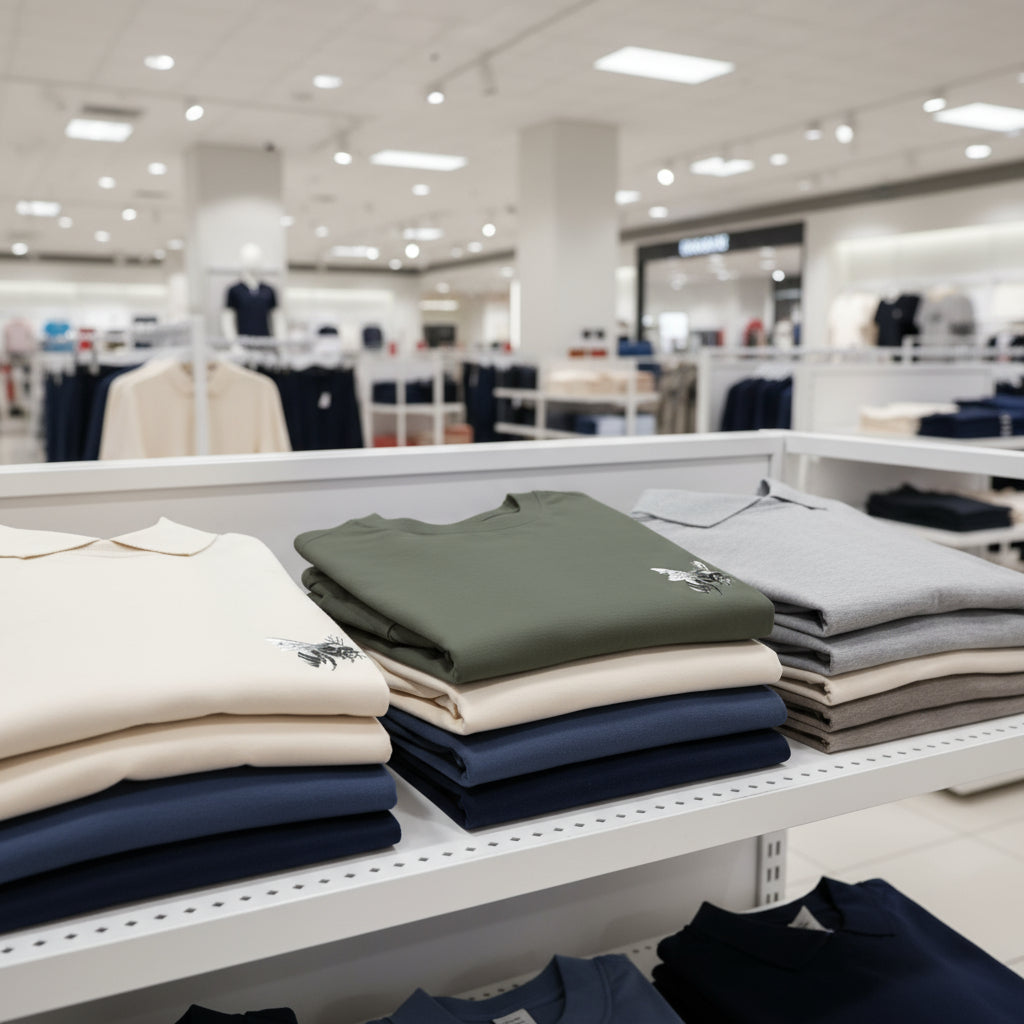 Stacks of folded shirts on a clothing rack in a store