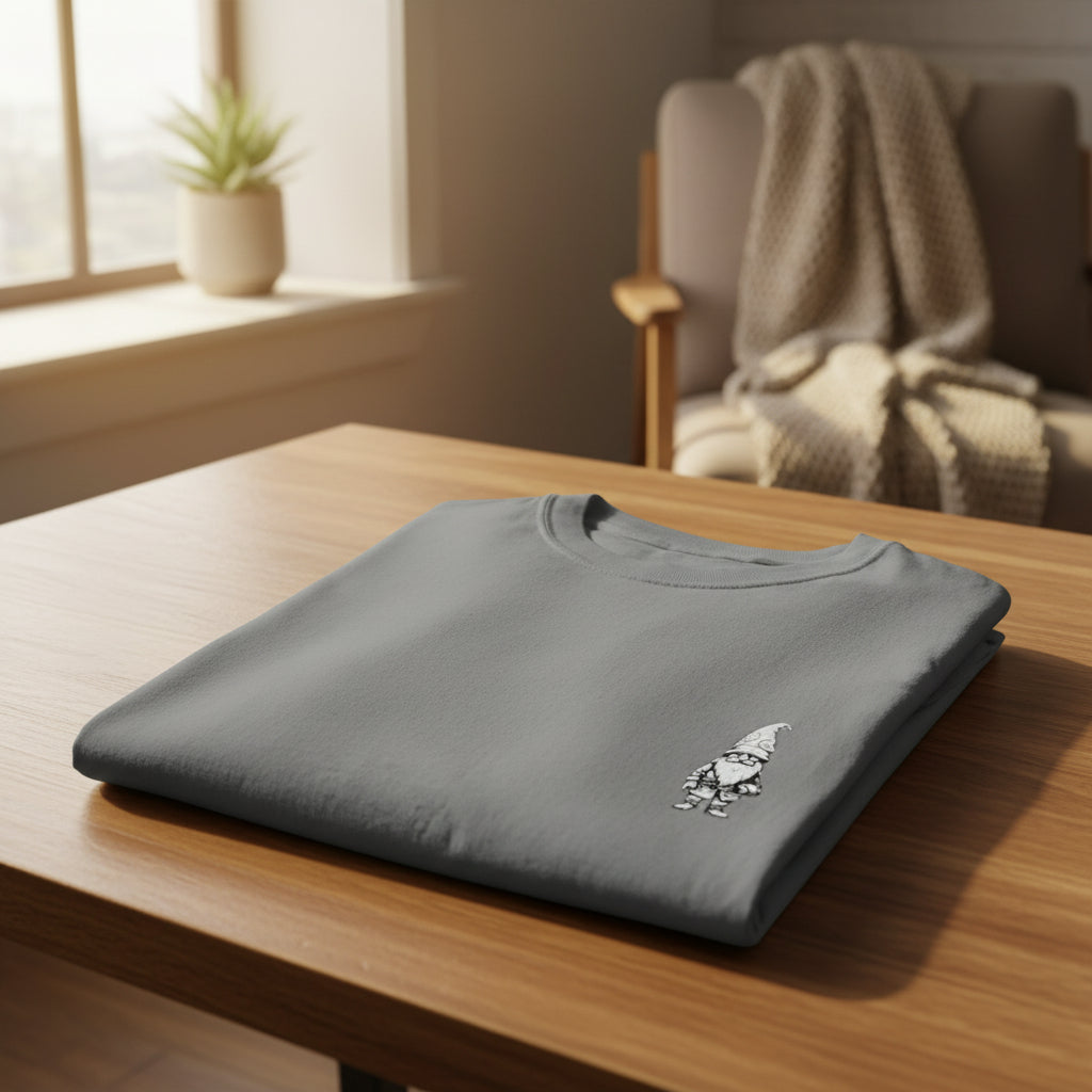 Folded gray sweatshirt with a small logo on a wooden table in a cozy room.