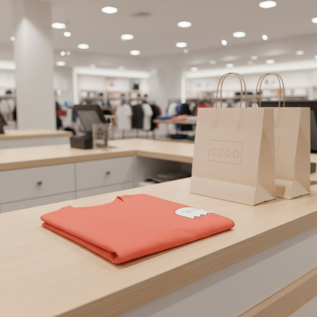 Folded coral garment with a white label on a counter in a store, with a beige paper bag labeled 'DOCO'.
