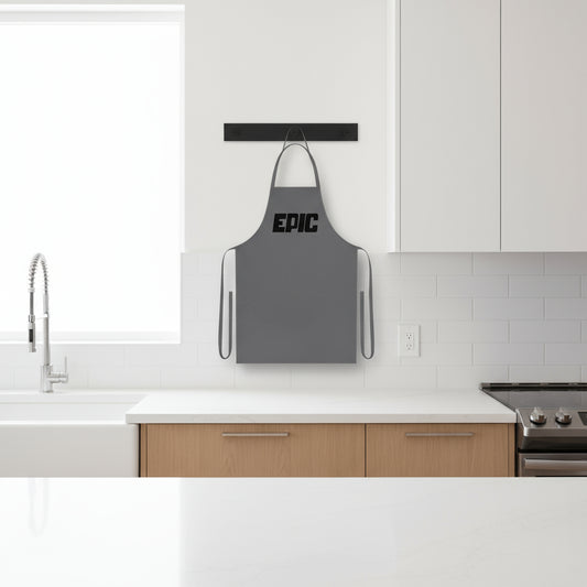 Gray apron with 'EPIC' text on a white background