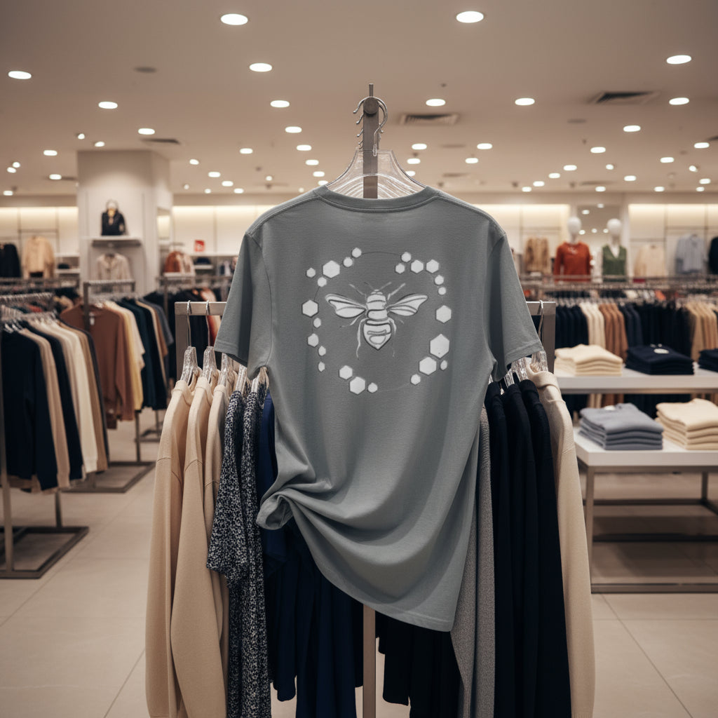 Gray t-shirt with a bee design on a hanger in a clothing store.