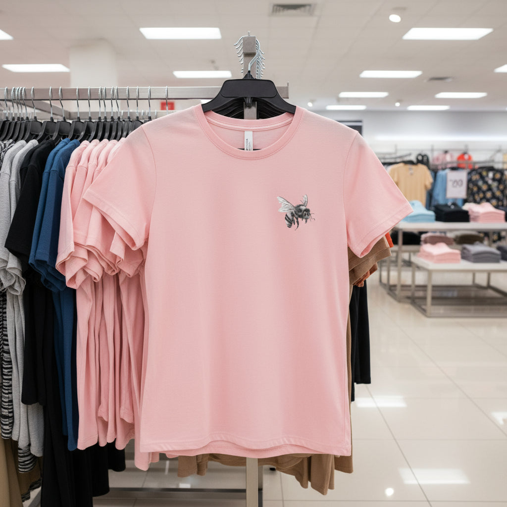 Pink t-shirt with a bee design on the back against a white background