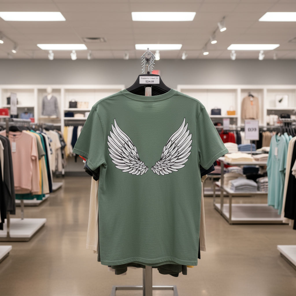 Green t-shirt with white wings on the back against a white background