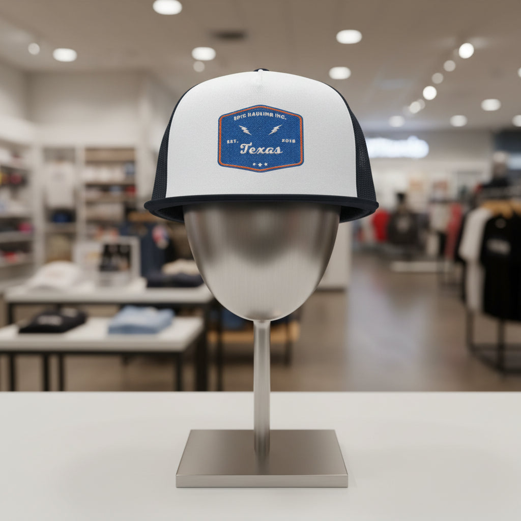 Trucker hat with 'Texas' design on a mannequin head in a store setting