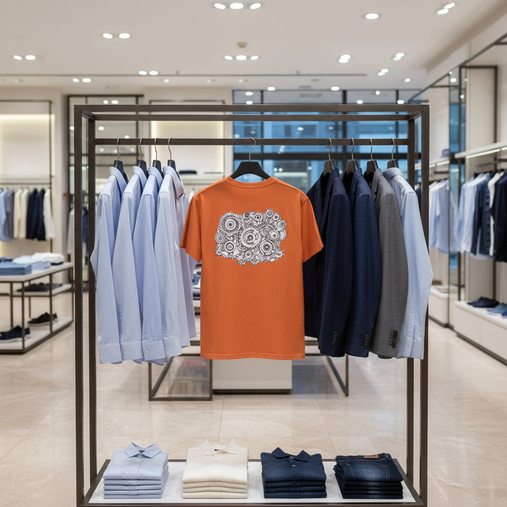 Orange t-shirt with a unique design on display in a store with other clothing items.