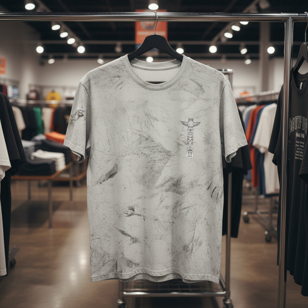 Gray t-shirt with graphic design on a hanger in a store setting
