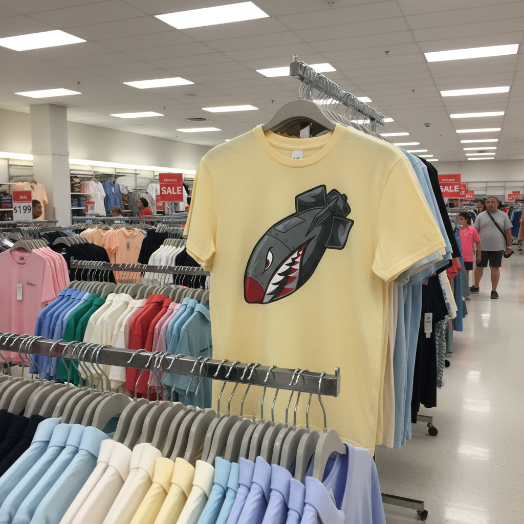 Yellow t-shirt with a shark graphic on a hanger in a store setting