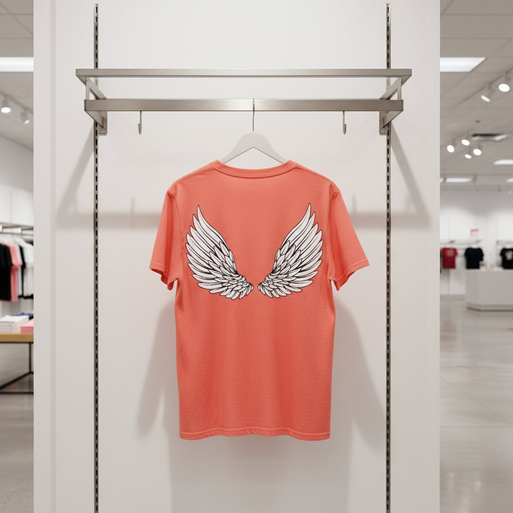 Coral t-shirt with white wings on the back against a white background