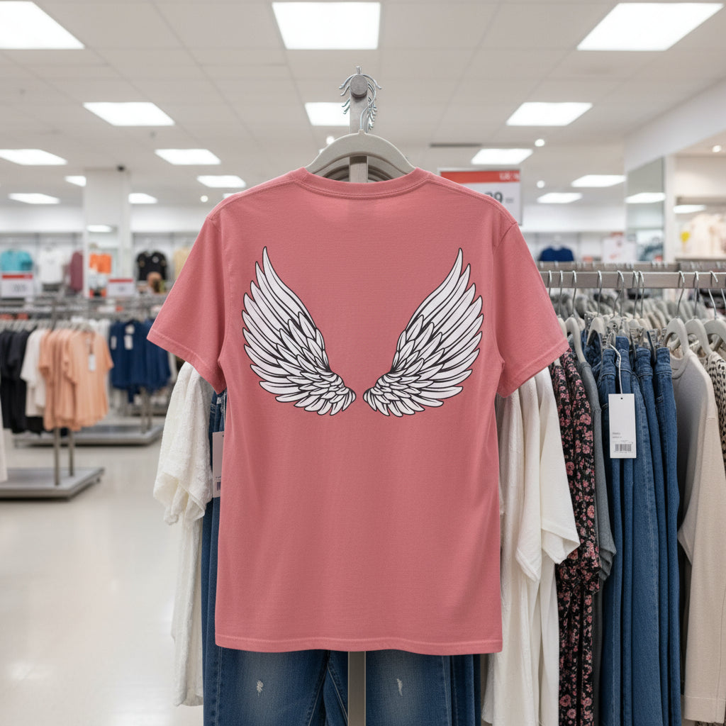Pink t-shirt with wings on a hanger in a store