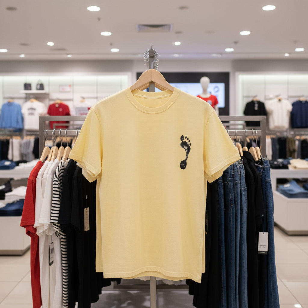 Yellow t-shirt with a black footprint design on a hanger in a store setting.