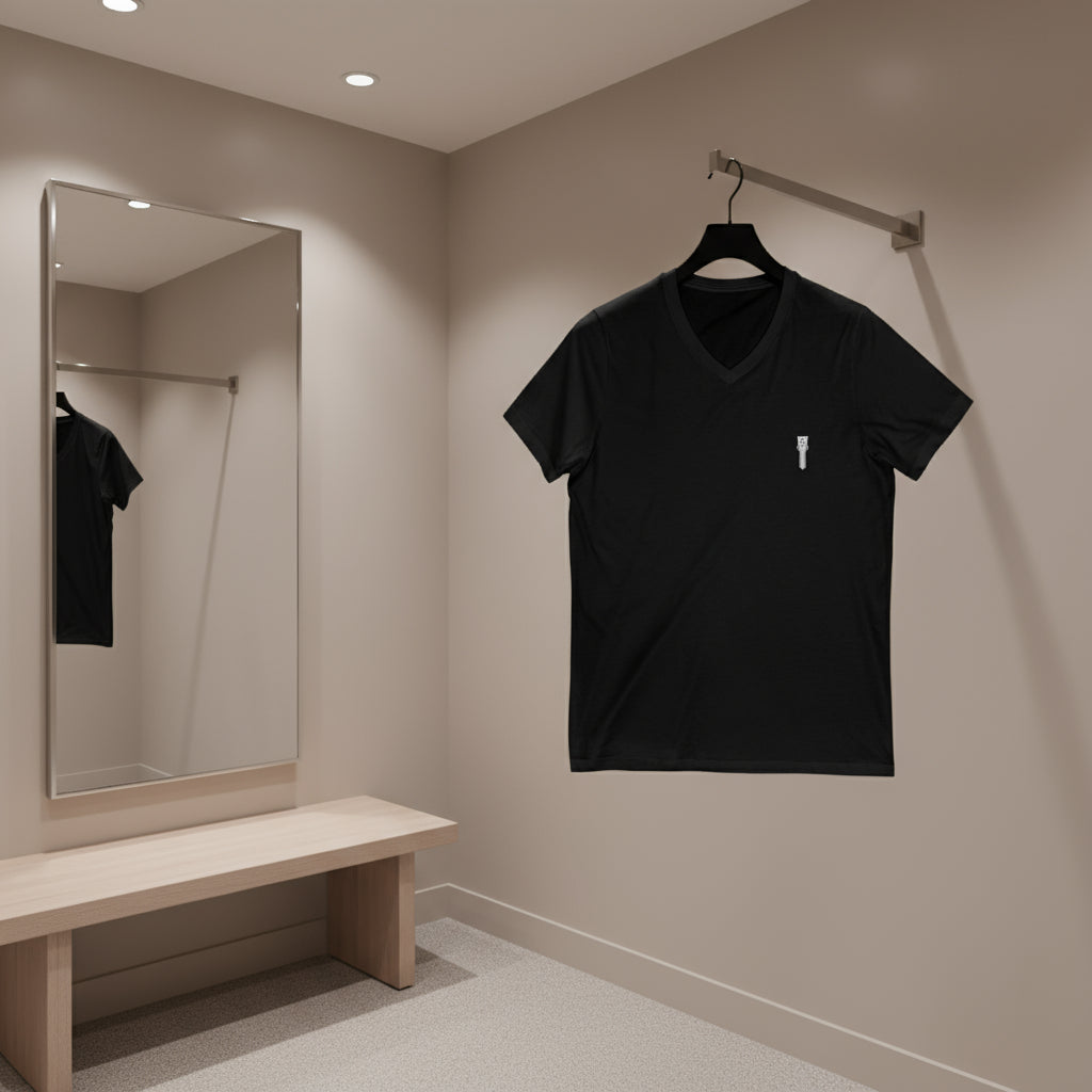 Black t-shirt hanging on a rack in a minimalistic room with a mirror.