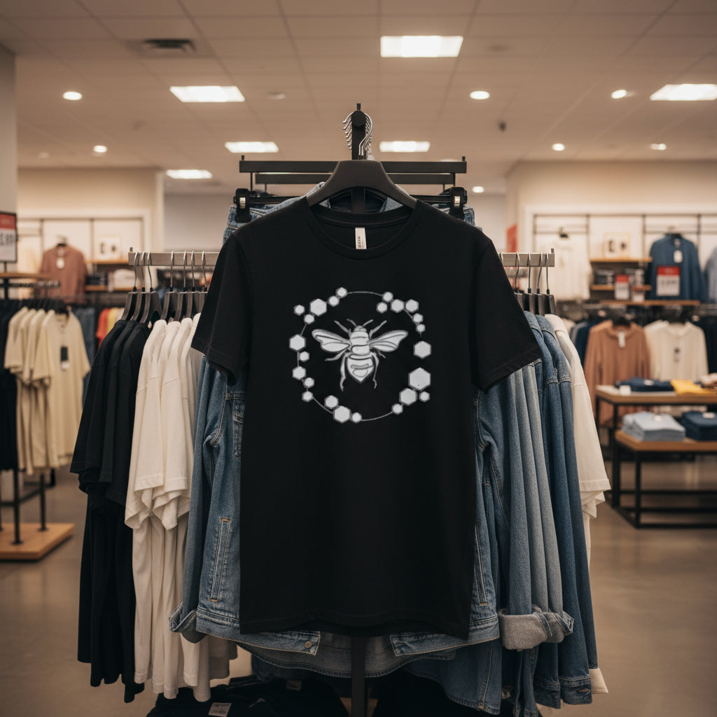 Black t-shirt with a bee design on a hanger in a store setting