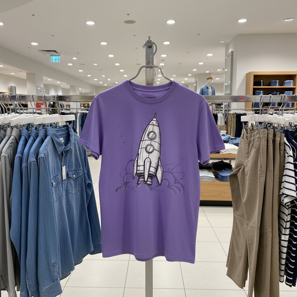Purple t-shirt with a rocket ship design on a white background