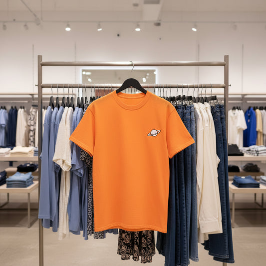 Orange t-shirt with a small graphic on a clothing rack in a store.