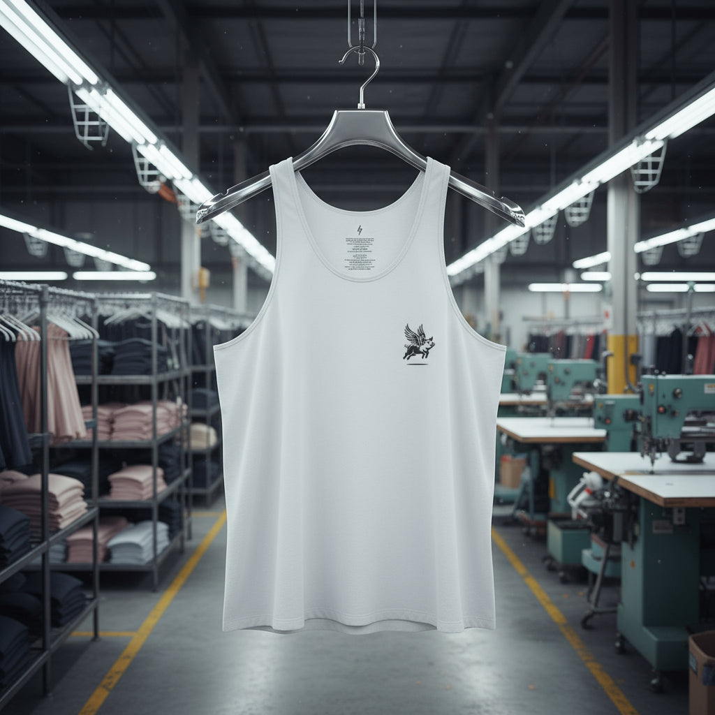 White tank top with a black logo on a hanger in a clothing factory.