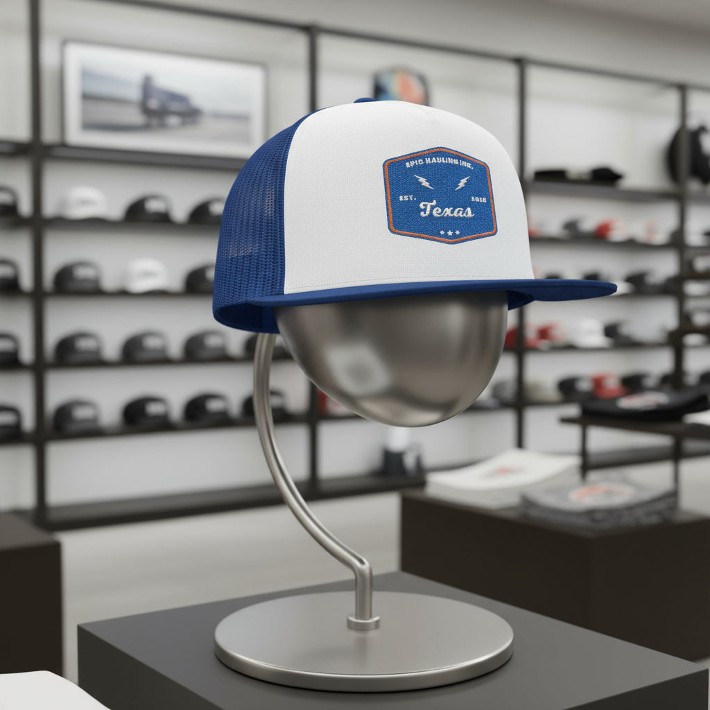 Blue and white cap on a stand in a store setting