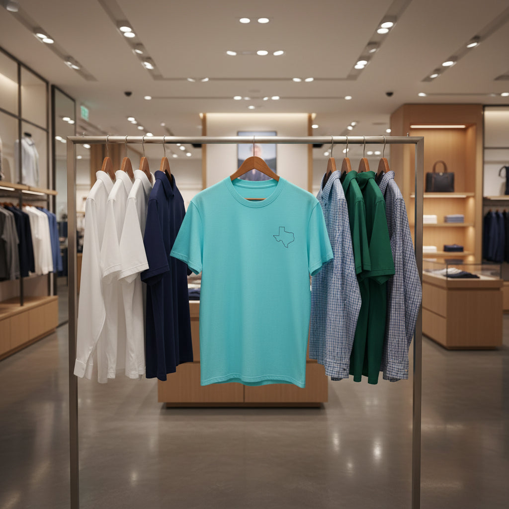 Display of shirts in a store with a turquoise shirt featuring a logo on a rack.