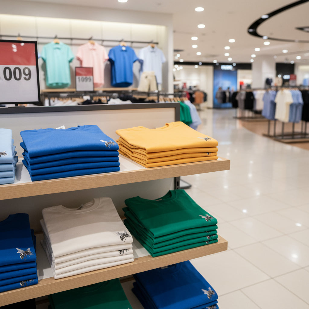 Stacks of folded shirts in blue, yellow, and green on a shelf in a store.