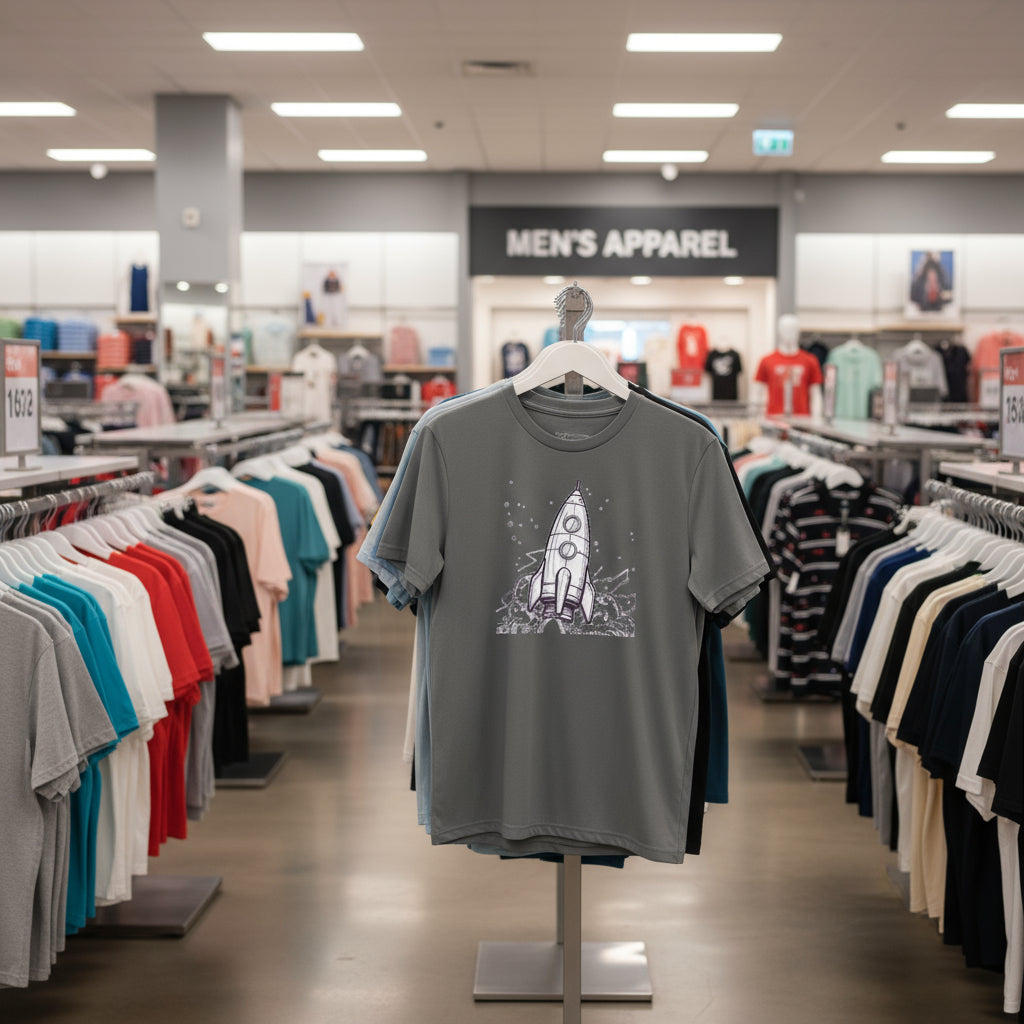Gray t-shirt with a graphic design on a hanger in a clothing store.