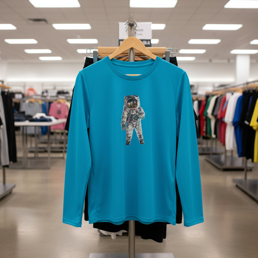 Blue long-sleeve shirt with an astronaut graphic on a hanger in a store.