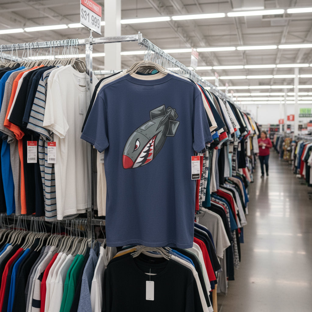 Shirt with shark graphic design hanging on a rack in a store