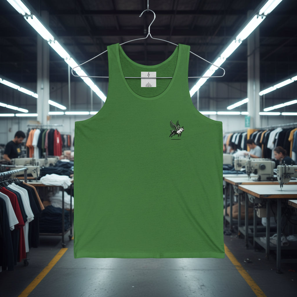 Green tank top with a logo on a hanger in a clothing factory.