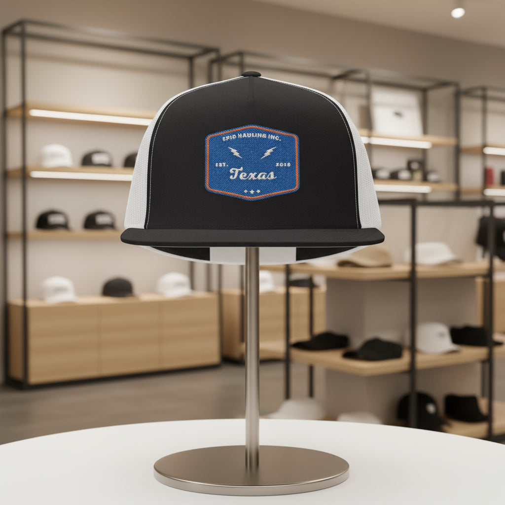 Black and white cap with a Texas logo on a stand in a store setting