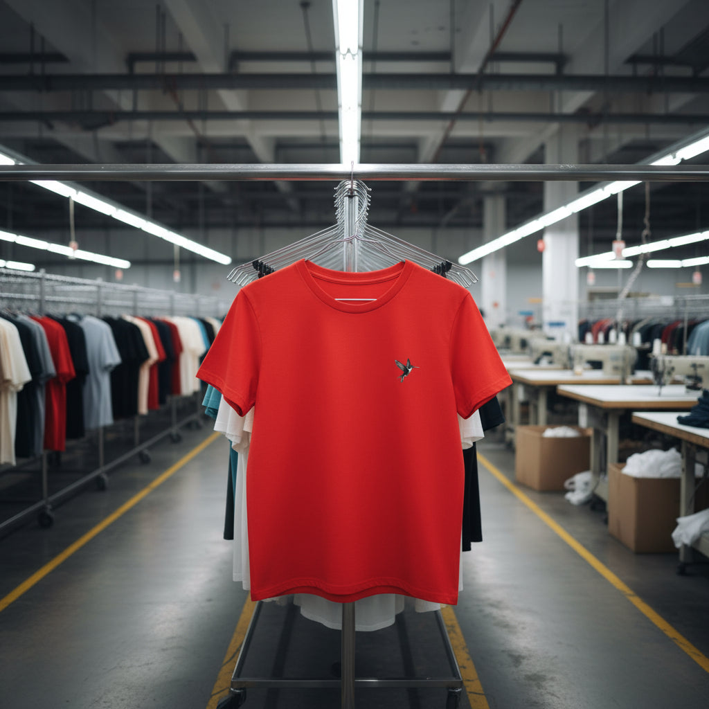 Red t-shirt with a small black graphic on a white background
