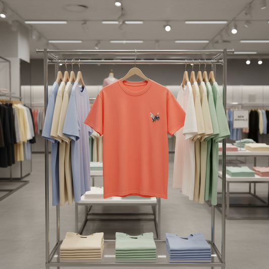 Orange t-shirt with a small design on a rack with other colorful shirts in a store.