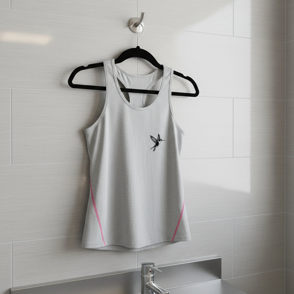 White tank top with a black design on a hanger against a tiled wall.