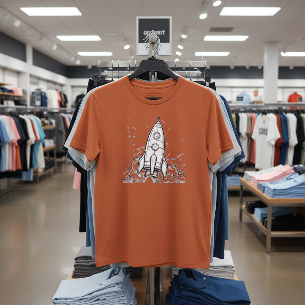 Orange t-shirt with a rocket design on a hanger in a store setting