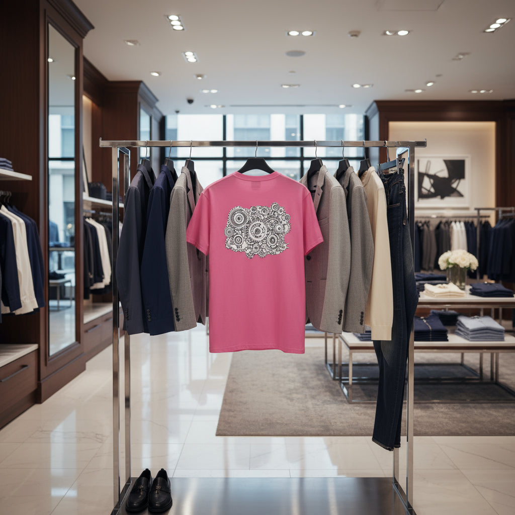 Pink t-shirt with a white gear design on the back against a white background