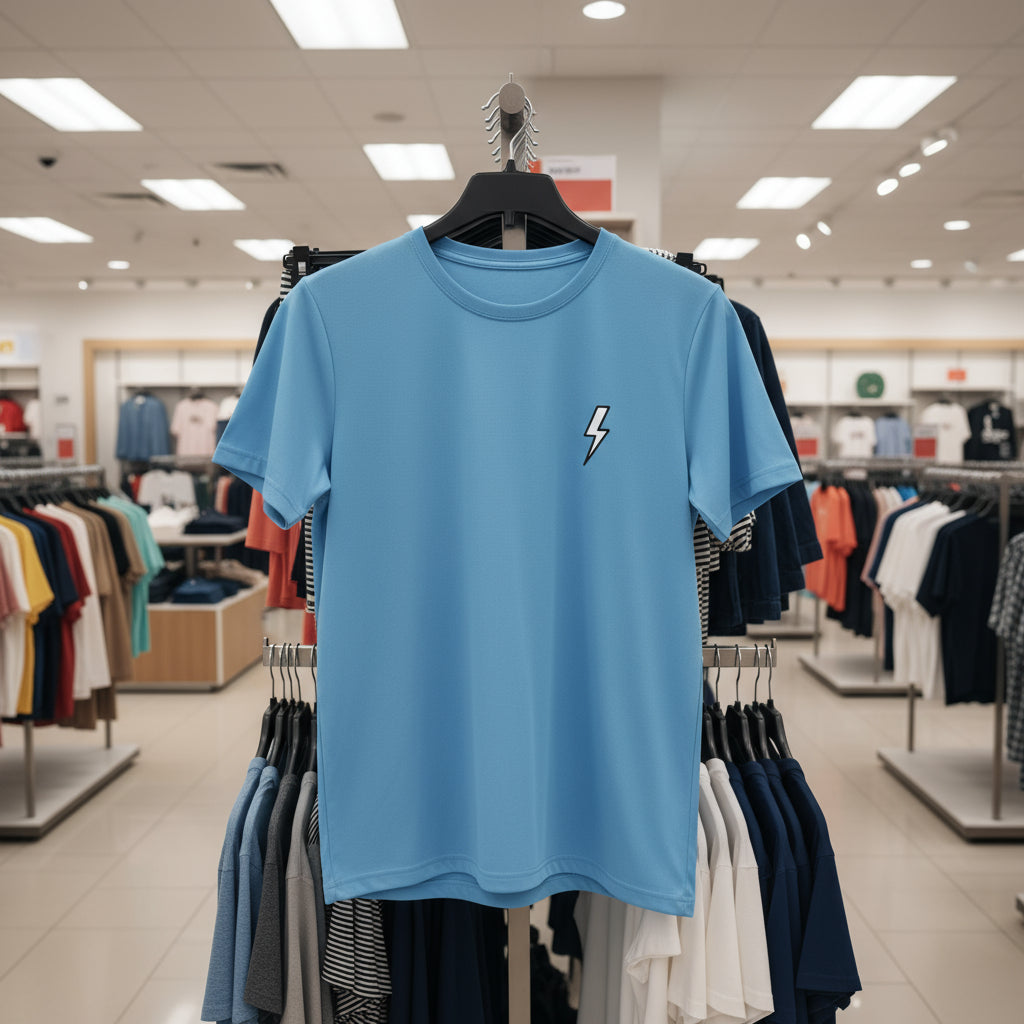 Blue t-shirt with a lightning bolt design on a hanger in a clothing store.