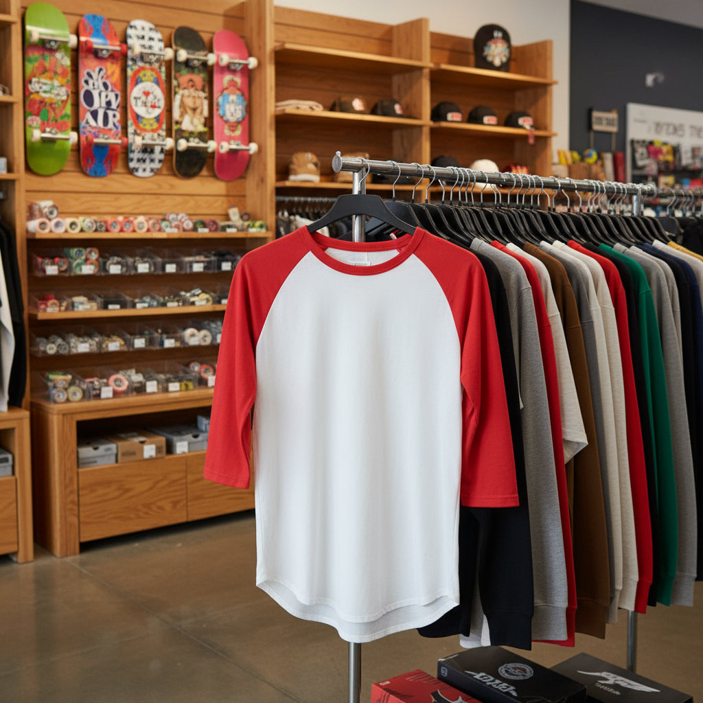 Colorful t-shirts on a rack with skateboards on shelves in the background